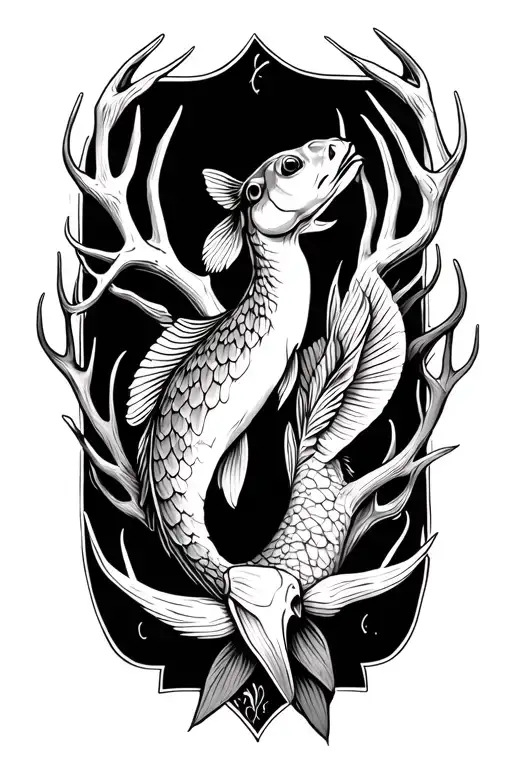 fish and deer antlers tattoo design idea
