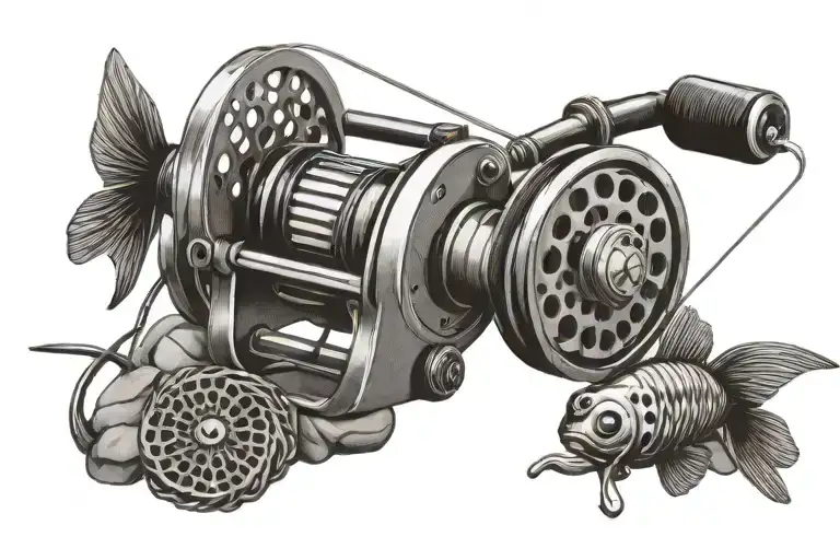 fly fishing reel resting on rocks and surrounded by fly fishing lures, all within a fly fishing net tattoo design idea