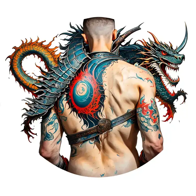 back tattoo where I have armour of a samurai which has slashes from dragon, my biomechanical body revealed in each slash tattoo design idea