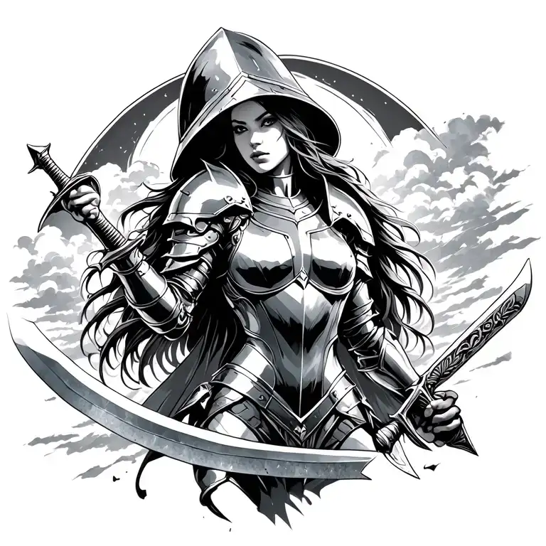 The female warrior was standing in a sleek iron armor, one hand holding the sword and the other hand hugging the iron hat. head up to the sky tattoo design idea