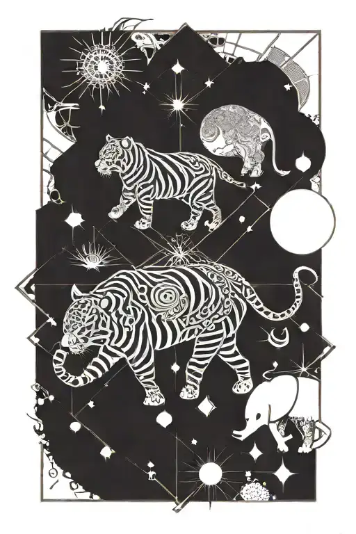 one tiger, one elephant, one peacock, one bow and arrow, surrounded by sun star and moon tattoo design idea