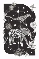 one tiger, one elephant, one peacock, one bow and arrow, surrounded by sun star and moon tattoo design idea