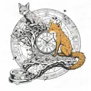 the little prince with fox by his side, sitting on clock that disintegrates for planet, tree of life, circuit board tattoo design idea