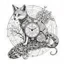 the little prince with fox by his side, sitting on clock that disintegrates for planet, tree of life, circuit board tattoo design idea