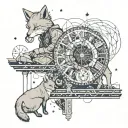 the little prince with fox by his side, sitting on clock that disintegrates for planet, tree of life, circuit board tattoo design idea