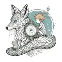 the little prince with fox by his side, sitting on clock that disintegrates for planet, tree of life, circuit board tattoo design idea