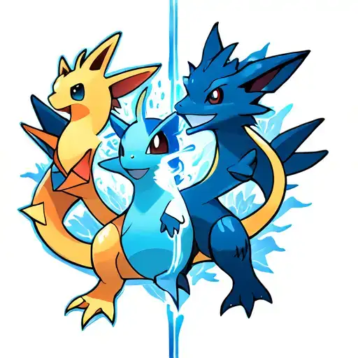 pokemon half sleeve with aura and mystery but keeping the playfulness. include dragonite, mew, lugia, original starters  tattoo design idea