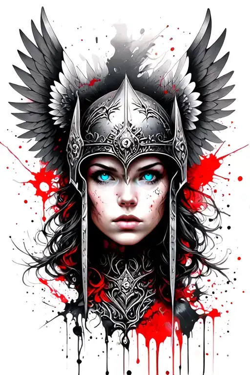 Valkyrie maiden with blue eyes with winged helm with wings tattoo design idea