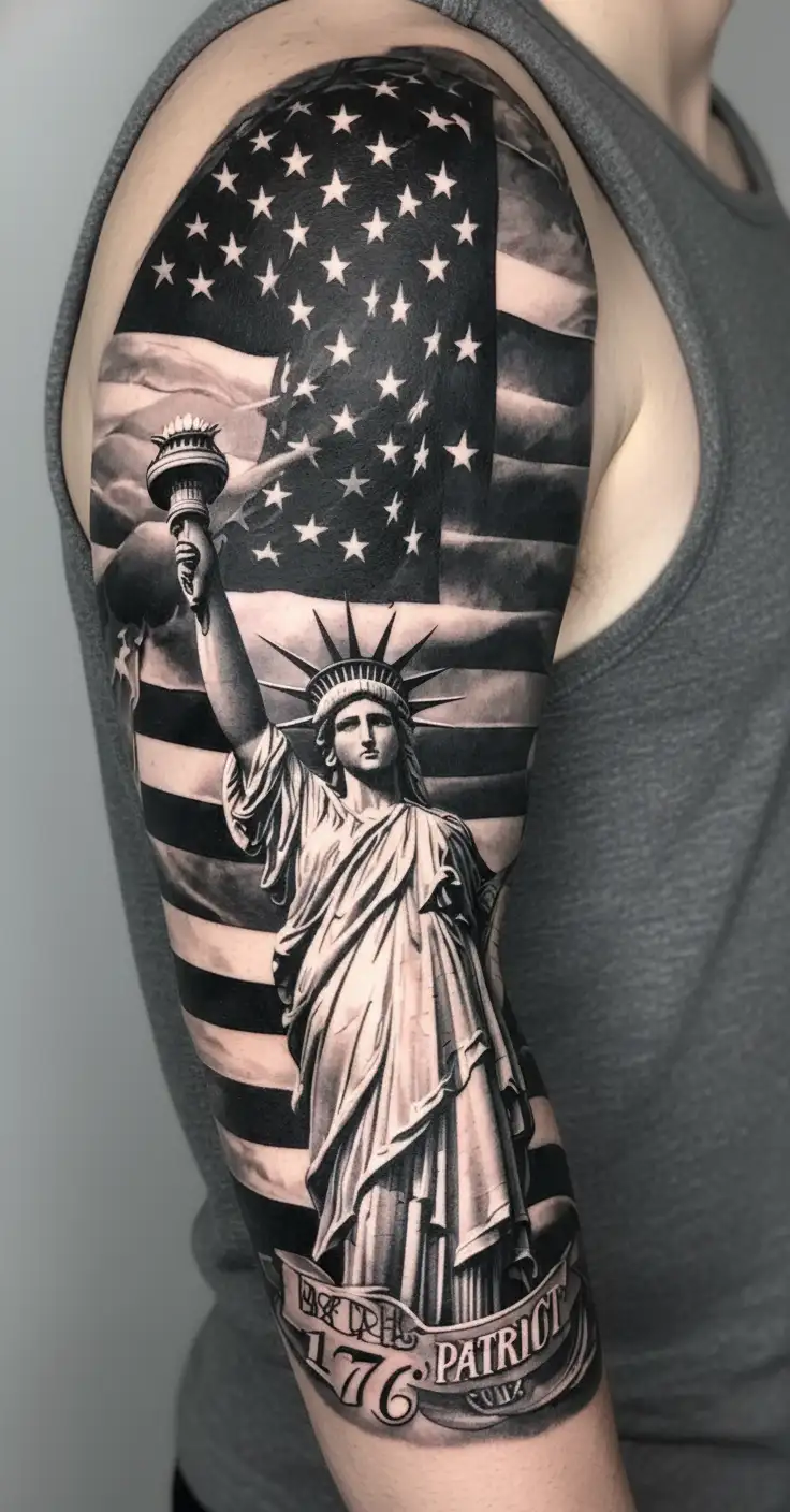 black and gray sleeve tattoo for woman that includes an American flag 1776 Statue of Liberty, the word Patriot and eagle tattoo design idea