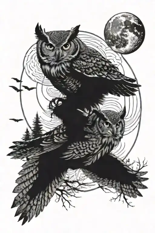 Two flying great horned owl, trees , moon, mountains  tattoo design idea