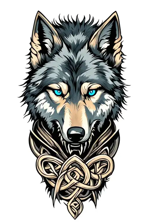 wolf with blue eyes on armor tattoo design featuring Celtic trinity knot  tattoo design idea