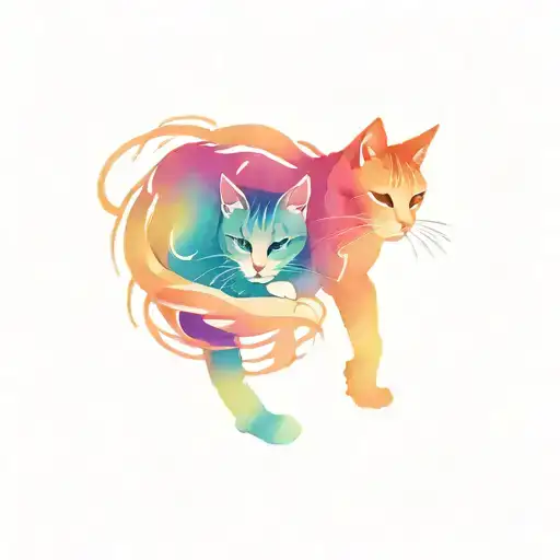 A small tattoo design in a tribal style with watercolor elements, featuring a mother cat and three kittens, with one kit tattoo design idea