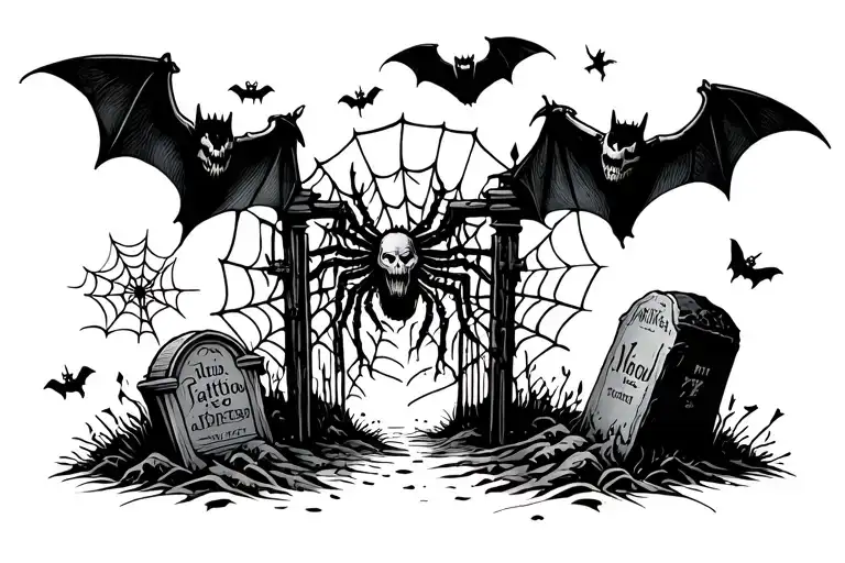  detailed bats, grave yard gates opening, graves, bones, zombie hands coming out of the ground, spider webs as a tattoo tattoo design idea