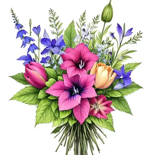 bouquet of flowers with blue toad lily, coleus, foxglove, petunias, tulips, guara, columbines, fuchsia, and greenery tattoo design idea