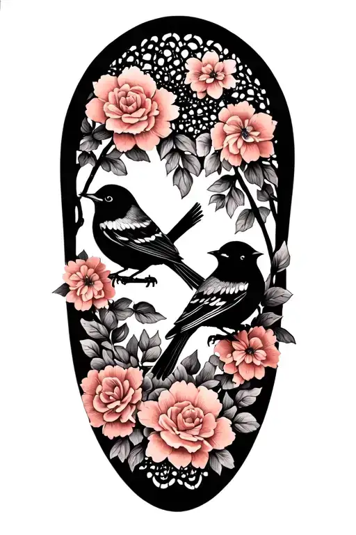 cute small birds with floral lace in background tattoo design idea