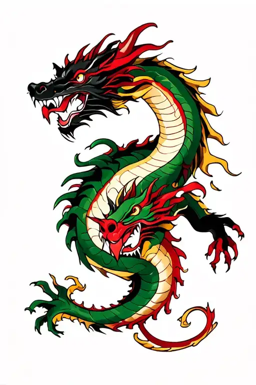 2 dragons wrapping around arm fighting one black and one red, green, gold and white tattoo design idea