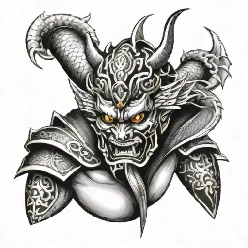 tattoo on the whole arm of a samurai mask with glowing eyes, a dragon that wraps around the arm, against a background of tattoo design idea