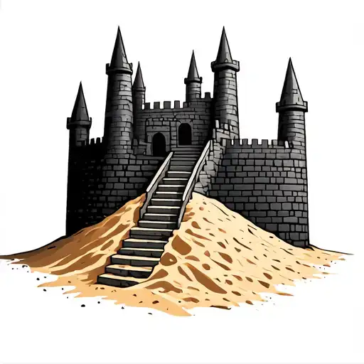 sand castle silhouette with stairs leading to it on a pile of sand tattoo design idea