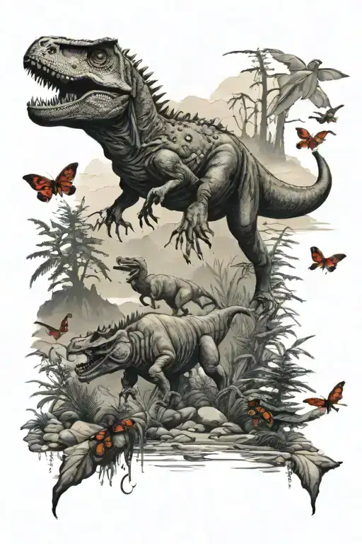 Oregon coast with t rex and ladybugs  tattoo design idea