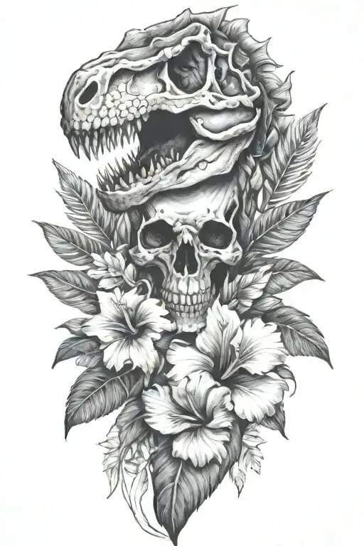 tropical leaves with hibiscus an T Rex skull tattoo design idea