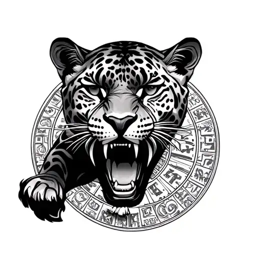 rugged jaguar with open mouth biting down on aztec calendar tattoo design idea
