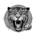rugged jaguar with open mouth biting down on aztec calendar tattoo design idea