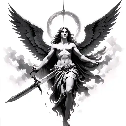 strong arc angel decending from heaven holding a sword and wings spread open tattoo design idea