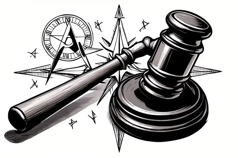 trowel, gavel square & Compass with black and white tile tattoo design idea