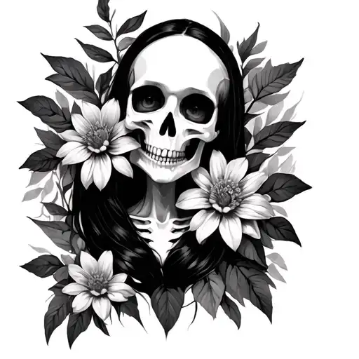 flowers  witha skeleton girl full body pose tattoo design idea
