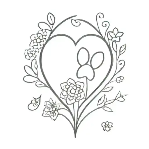 heart with forget me not flower and paw print surrounded tattoo design idea