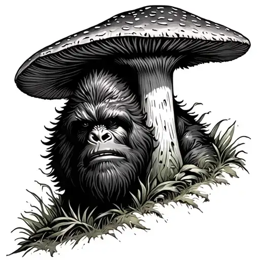 Bigfoot peaking around a morel mushroom tattoo design idea
