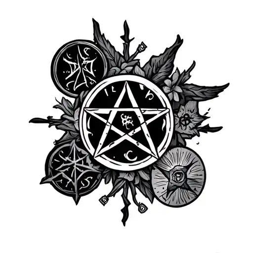 Underside of the wrist (cover-up of the existing tattoo) shadowy, mystical witch and wicca signs tattoo design idea