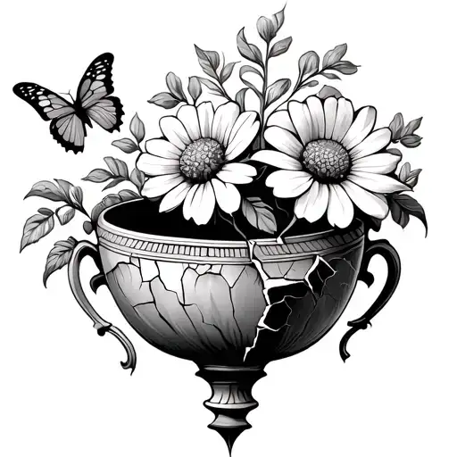 cracked narrow Greek Vase with flowers growing out through the cracks and a tattered butterfly on the flower tattoo design idea