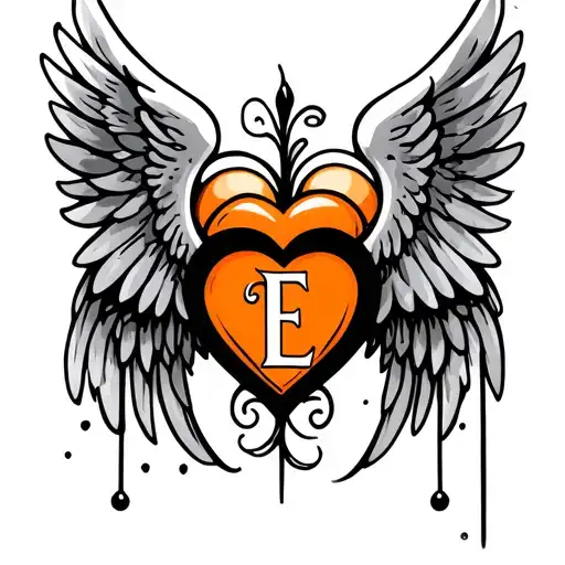 orange heart with angel wings and an E in the middle tattoo design idea
