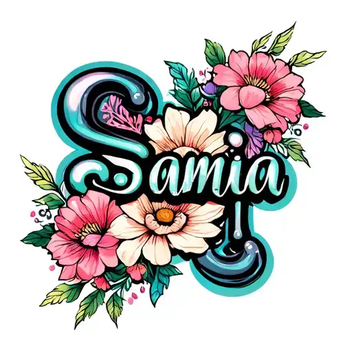 Samia bubble letters with lili flowers surrounded tattoo design idea