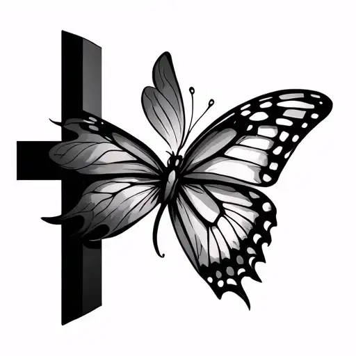 simple dimensional cross with a realistic butterfly flying towards it  tattoo design idea