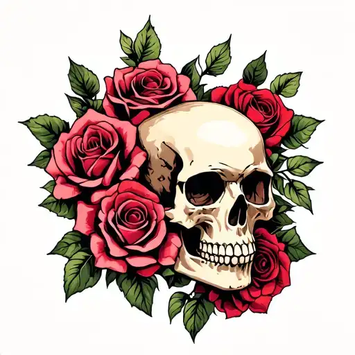 skull and roses intertwined tattoo design idea