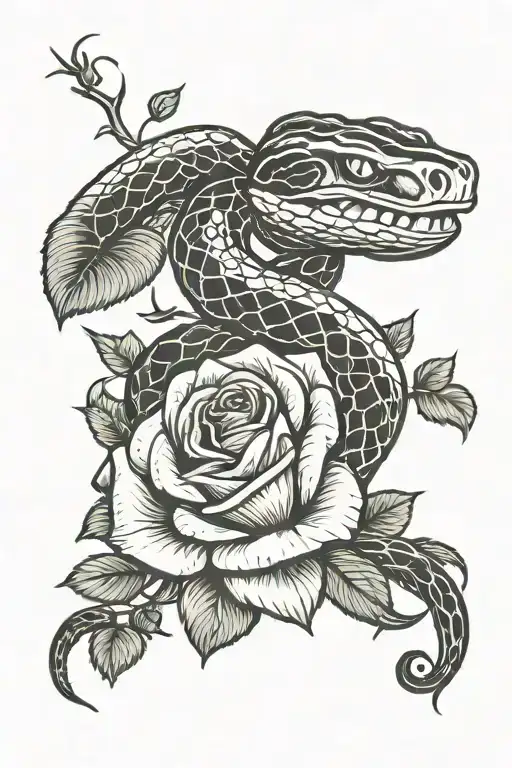 Two snakes wrapped around a rose facing upward tattoo design idea