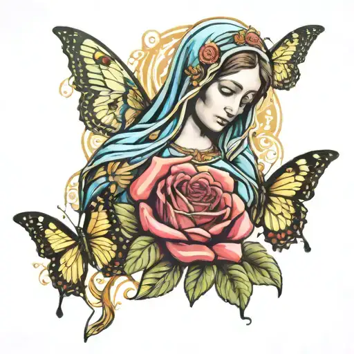 Virgin Mary roses and butterflies tattoo design idea