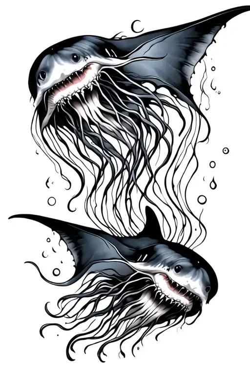 manta ray, jellyfish, shark swimming tattoo design idea