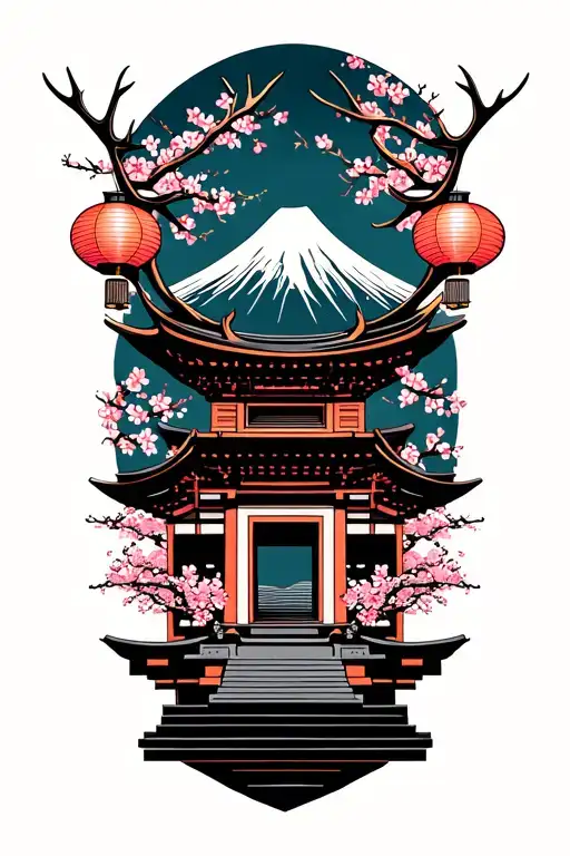 Japanese monument with lanterns and deer antlers, cherry blossoms, Japanese trinkets with mt Fuji in background  tattoo design idea
