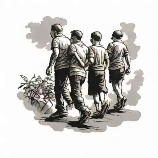 Make a tattoo of 3 adult male friends who are walking side by side and in their shadow are formed 3 small children who tattoo design idea