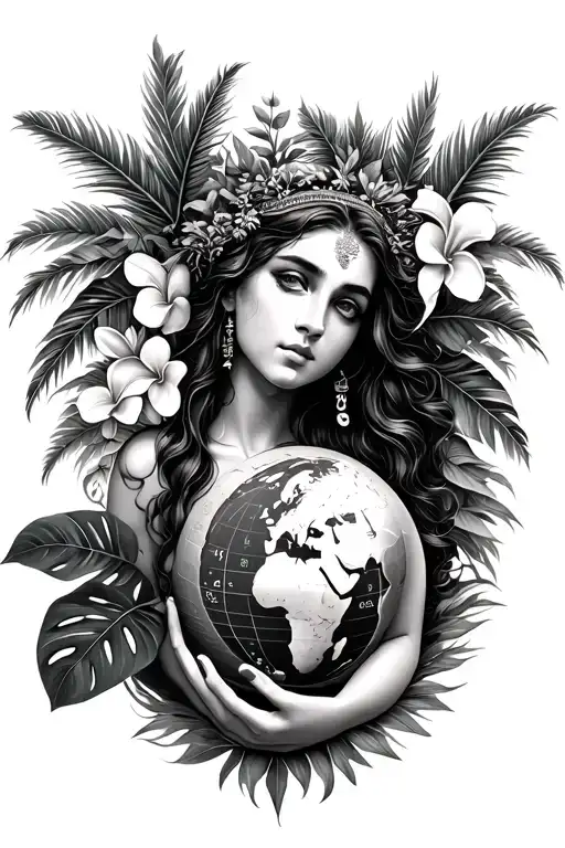 goddess holding globe surrounded by tropical plants (monstera, frangipani, palms) and birth chart (aries, gemini, leo) tattoo design idea