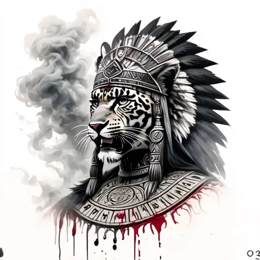 Aztec warrior wearing a jaguar on his head with blood on its teeth and a Aztec calendar under it with smoke  tattoo design idea