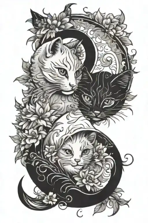 yin yang cats with moon and sun etherial wispy flowers tattoo design idea