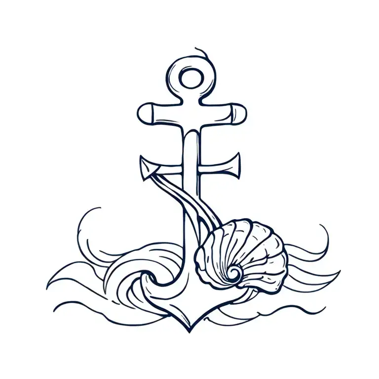anchor with simple ocean wave and a seashell resting tattoo design idea