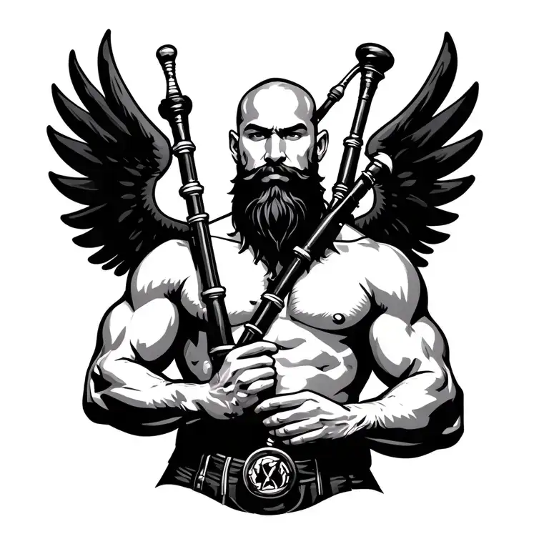 handsome scottish bagpiper bald black beard  muscular wearing pipes in arm big black wings shirtless tattoo tattoo design idea