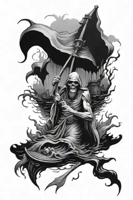 charon in ferry with lost souls reaching out the water tattoo design idea