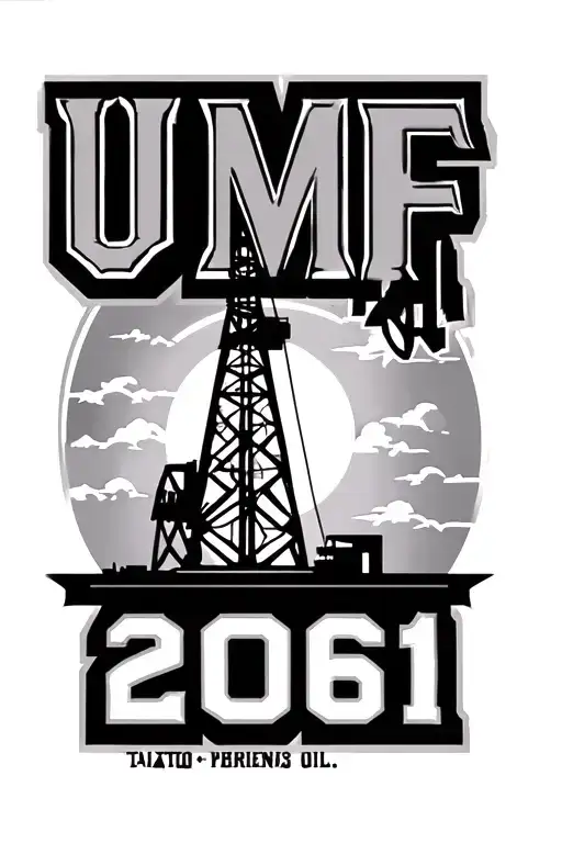 basic oil derrick with the letters UMF and the numbers 41 and 2061 tattoo design idea
