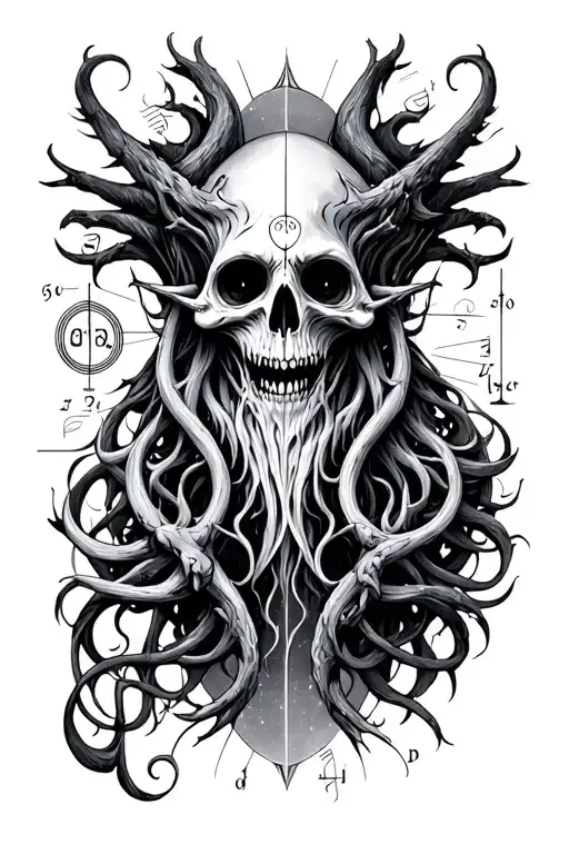 Lovecrat inspired with mathematical and musical designs focused on cosmic horror, elder gods and gothic imagery tattoo design idea